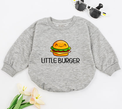 Adorable Little Burger Baby Romper with Smiling Cheeseburger Graphic Yellow Brown Green Layers Newborn Bodysuit Cute Hamburger Outfit Foodie Gift