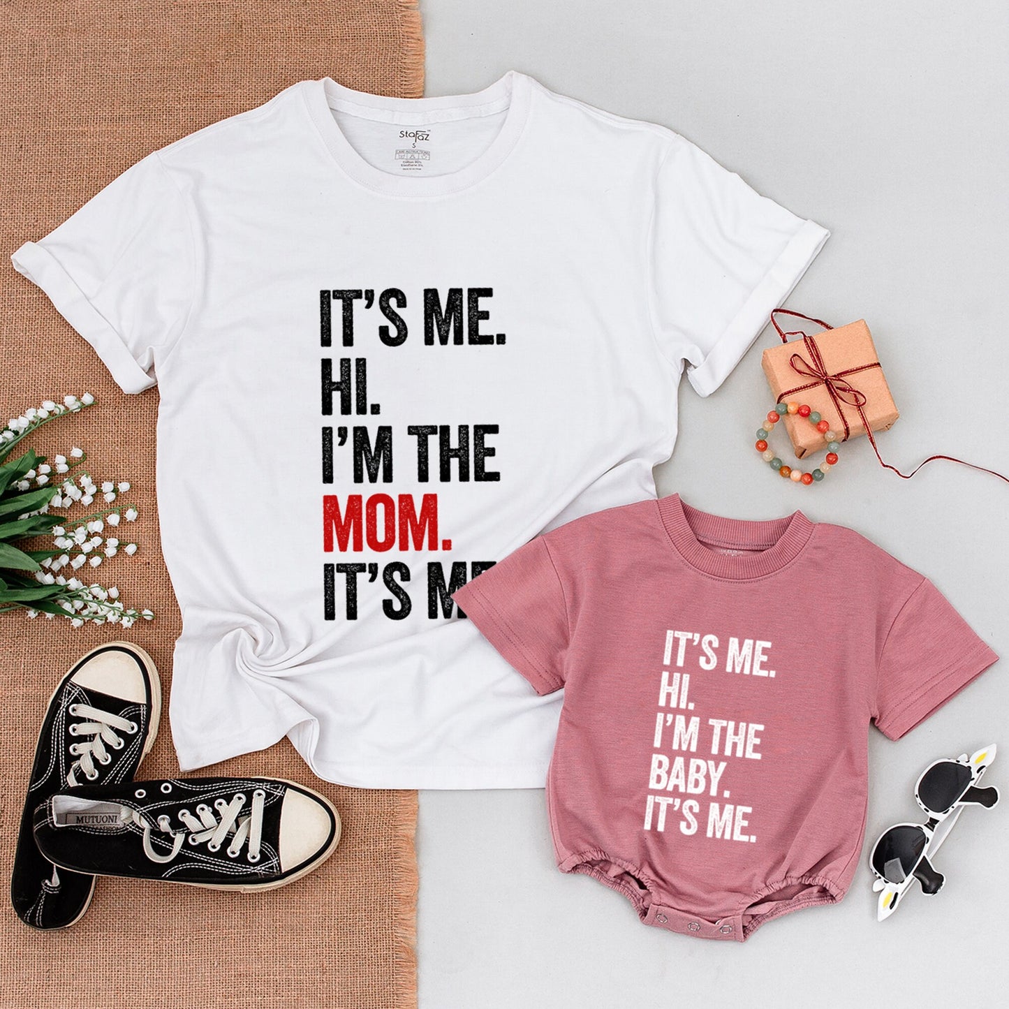 Baby 'It's Me Hi I'm The Baby' Romper Funny Family Matching Outfit Modern Red Black Stacked Text Design Comfortable Cotton Newborn Infant Gift