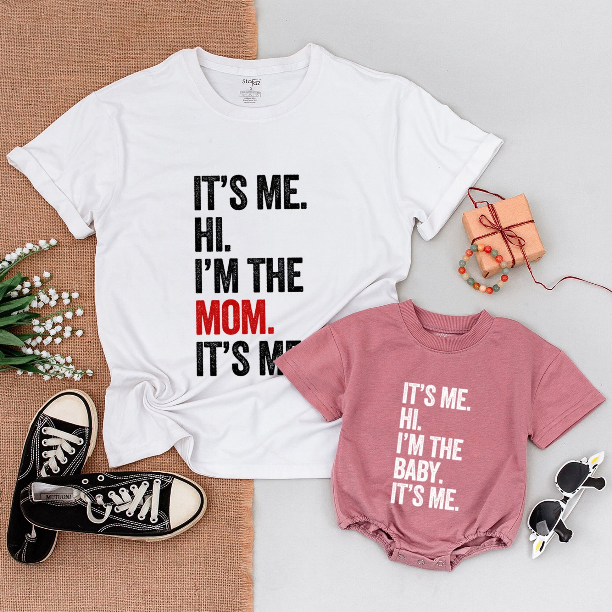 Baby 'It's Me Hi I'm The Baby' Romper Funny Family Matching Outfit Modern Red Black Stacked Text Design Comfortable Cotton Newborn Infant Gift