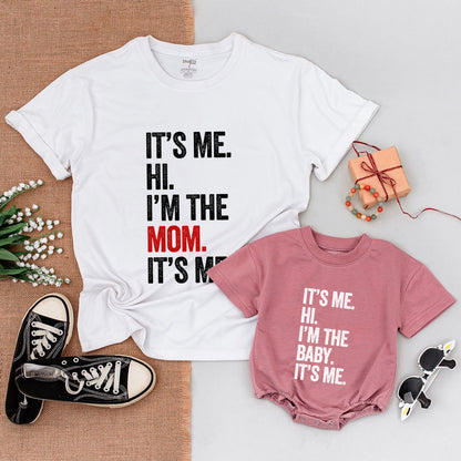 Baby 'It's Me Hi I'm The Baby' Romper Funny Family Matching Outfit Modern Red Black Stacked Text Design Comfortable Cotton Newborn Infant Gift