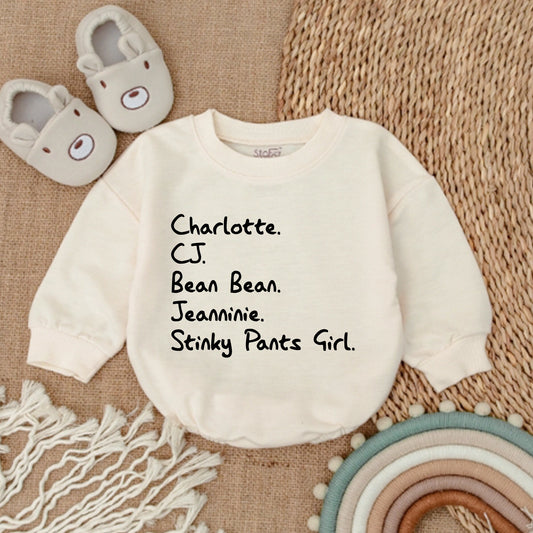 Custom Nickname Baby Bubble Romper with Playful Stacked Names Design Black Text Minimalist Infant Outfit Comfy Newborn Shower Gift