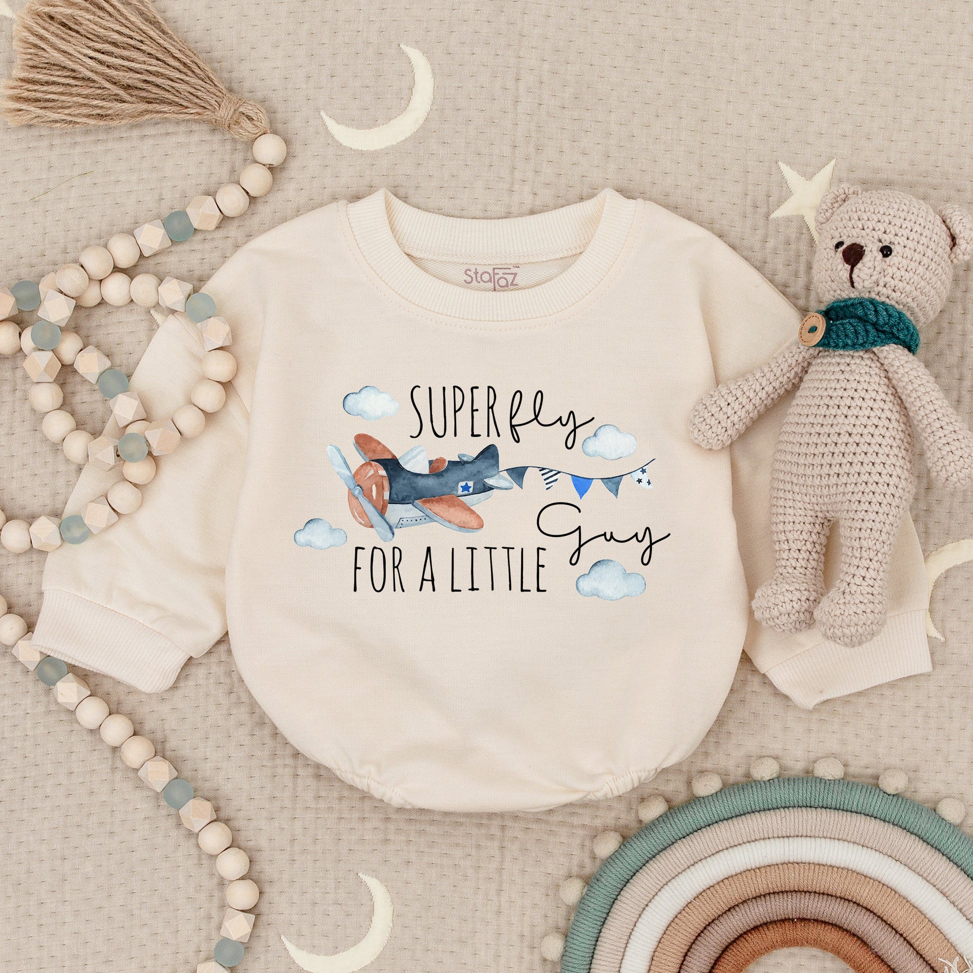 Super Fly For A Little Guy Whimsical Airplane Baby Romper Blue Orange Clouds Propeller Pilot Bodysuit First Birthday Newborn Gift