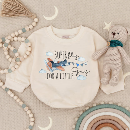 Super Fly For A Little Guy Whimsical Airplane Baby Romper Blue Orange Clouds Propeller Pilot Bodysuit First Birthday Newborn Gift