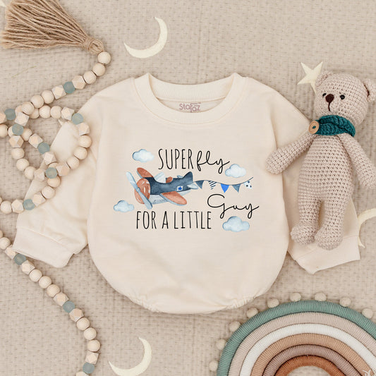 Super Fly For A Little Guy Whimsical Airplane Baby Romper Blue Orange Clouds Propeller Pilot Bodysuit First Birthday Newborn Gift
