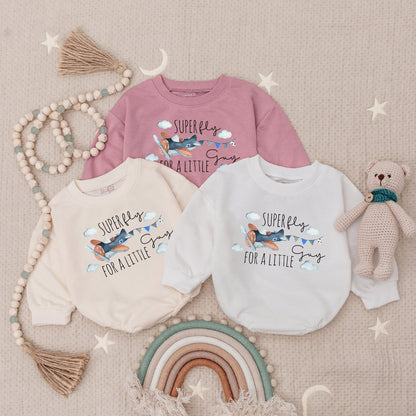 Super Fly For A Little Guy Whimsical Airplane Baby Romper Blue Orange Clouds Propeller Pilot Bodysuit First Birthday Newborn Gift