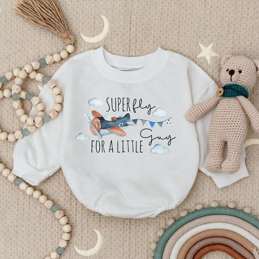 Super Fly For A Little Guy Whimsical Airplane Baby Romper Blue Orange Clouds Propeller Pilot Bodysuit First Birthday Newborn Gift