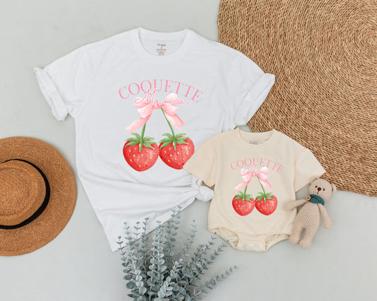 Coquette Mama and Mini Matching Strawberry Shirts Pink Bow Watercolor Berry Mom Daughter First Mother's Day Gift Cute Playful Summer Attire