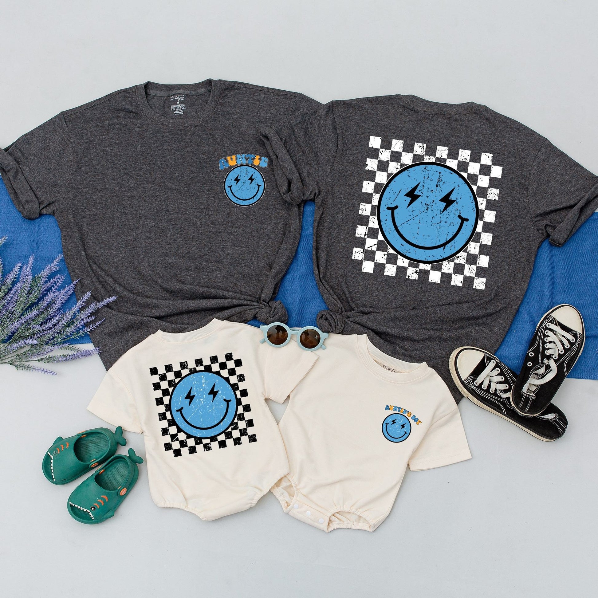Personalized Auntie and Nephew Matching Retro Smiley Shirt Light Blue Lightning Eyes Design Checkered Pattern Auntie's Boy Niece Kid Outfit Comfy Family Gift
