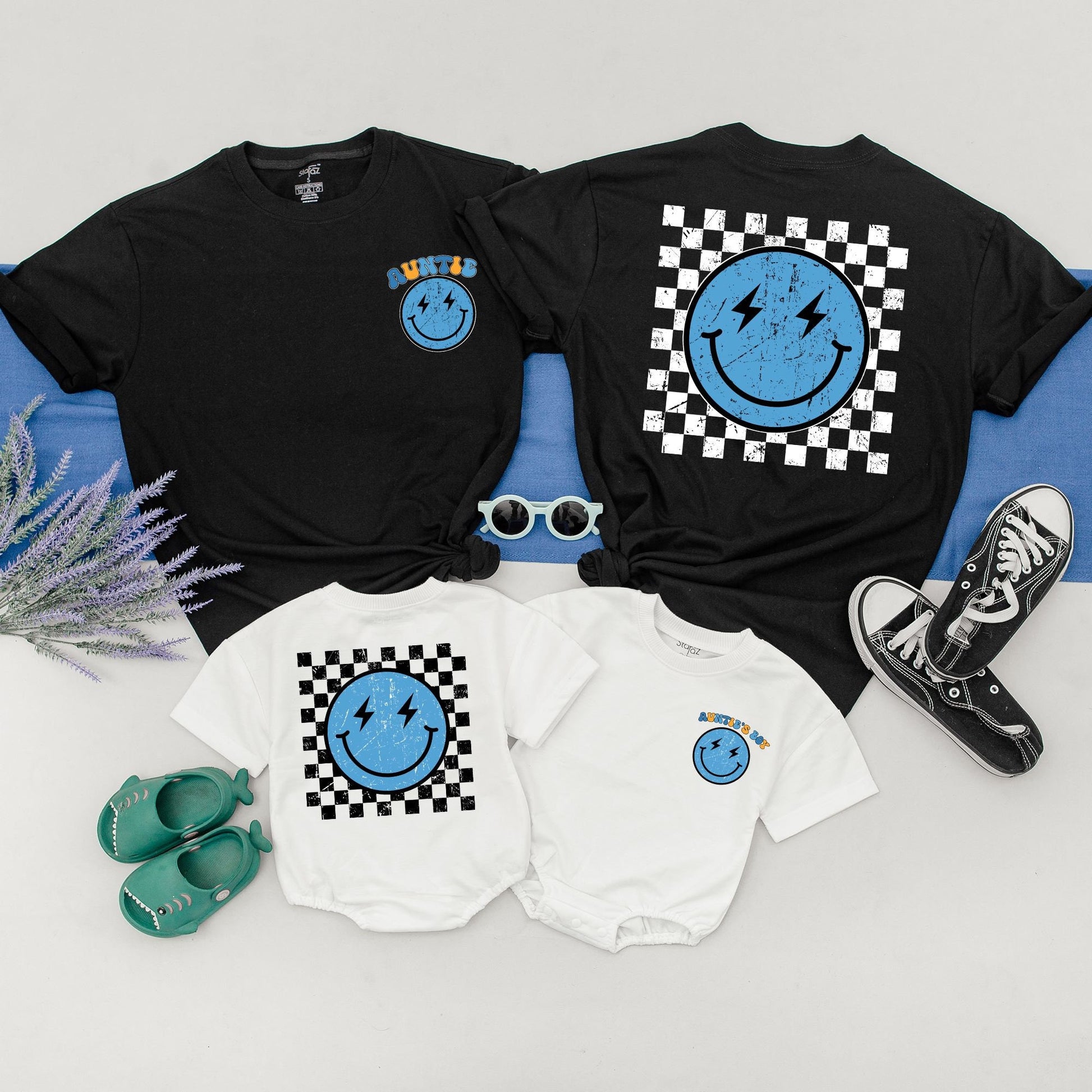 Personalized Auntie and Nephew Matching Retro Smiley Shirt Light Blue Lightning Eyes Design Checkered Pattern Auntie's Boy Niece Kid Outfit Comfy Family Gift