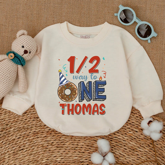 Personalized Baby Boy Half Birthday Romper 1/2 Way To One Donut Party Bodysuit Adorable Celebration Outfit Red Blue Confetti Design Gift