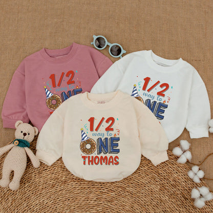 Personalized Baby Boy Half Birthday Romper 1/2 Way To One Donut Party Bodysuit Adorable Celebration Outfit Red Blue Confetti Design Gift