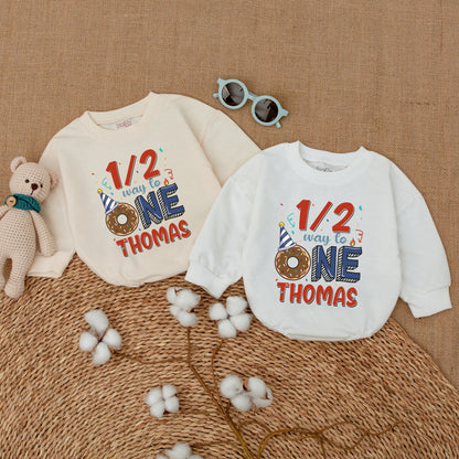 Personalized Baby Boy Half Birthday Romper 1/2 Way To One Donut Party Bodysuit Adorable Celebration Outfit Red Blue Confetti Design Gift
