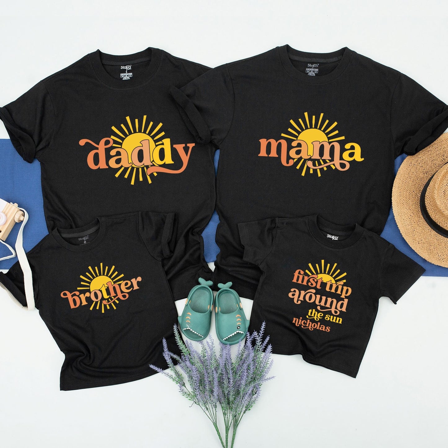 Custom First Trip Around The Sun Birthday Shirt Matching Family Outfit Retro Boho Sun Design for Baby First Birthday & Adult Celebration Tee Party