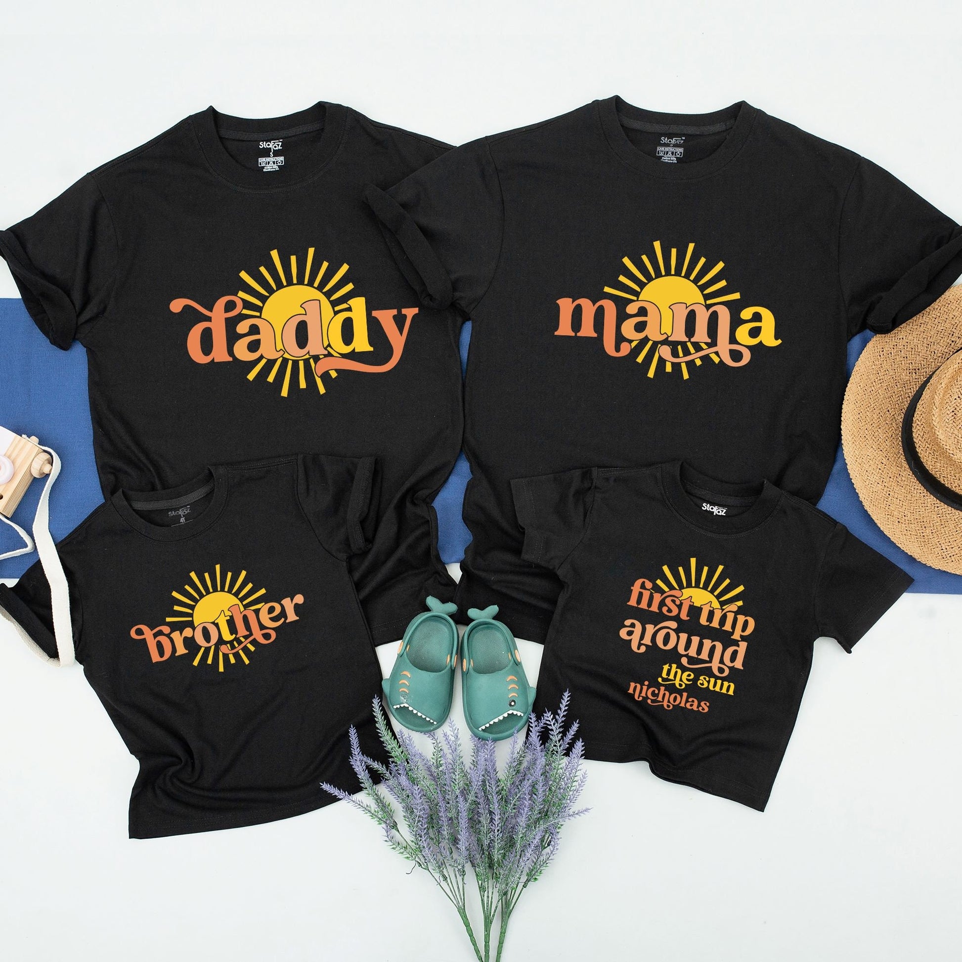 Custom First Trip Around The Sun Birthday Shirt Matching Family Outfit Retro Boho Sun Design for Baby First Birthday & Adult Celebration Tee Party