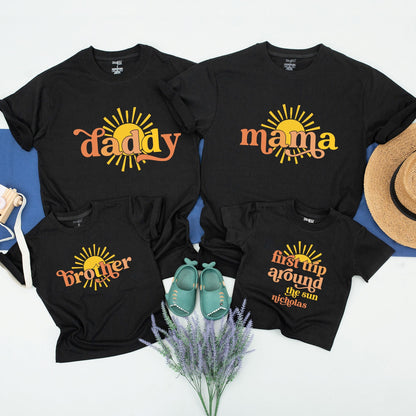 Custom First Trip Around The Sun Birthday Shirt Matching Family Outfit Retro Boho Sun Design for Baby First Birthday & Adult Celebration Tee Party
