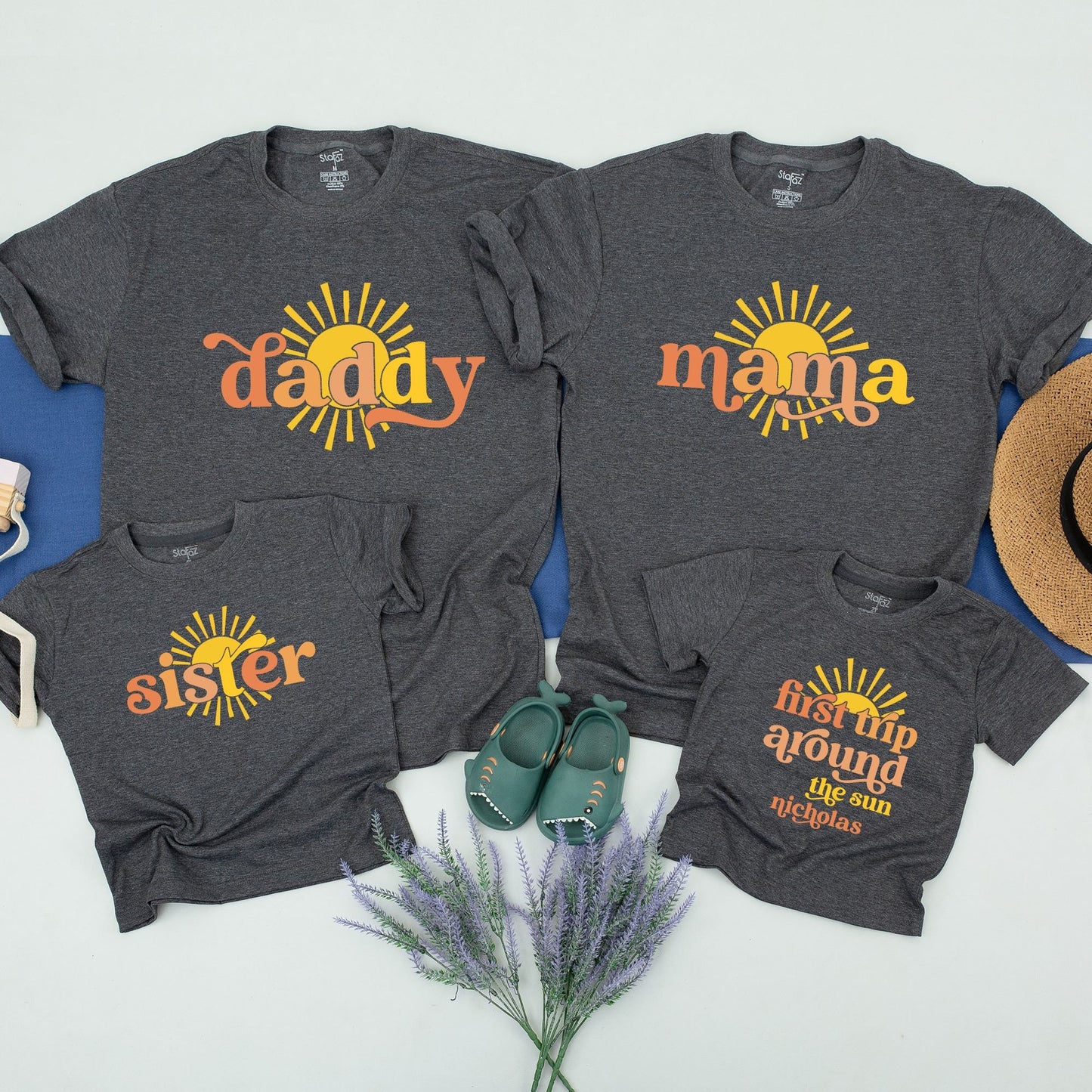 Custom First Trip Around The Sun Birthday Shirt Matching Family Outfit Retro Boho Sun Design for Baby First Birthday & Adult Celebration Tee Party