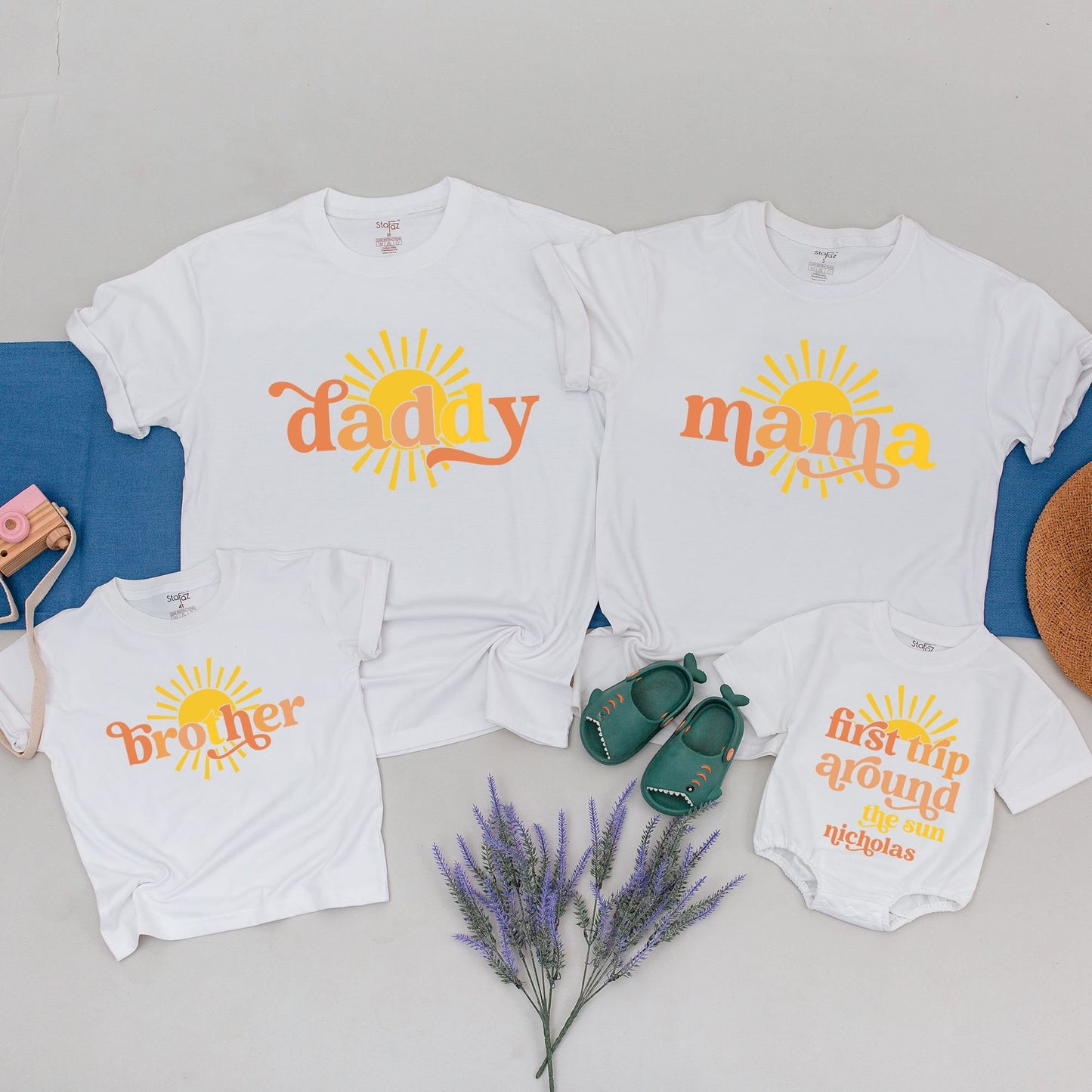 Custom First Trip Around The Sun Birthday Shirt Matching Family Outfit Retro Boho Sun Design for Baby First Birthday & Adult Celebration Tee Party