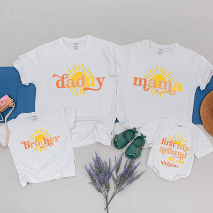 Custom First Trip Around The Sun Birthday Shirt Matching Family Outfit Retro Boho Sun Design for Baby First Birthday & Adult Celebration Tee Party