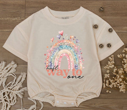Half Way To One Birthday Boy Romper with Rainbow Design, Soft Cotton Bodysuit, Infant Half Birthday Outfit Celebration Gift for Baby