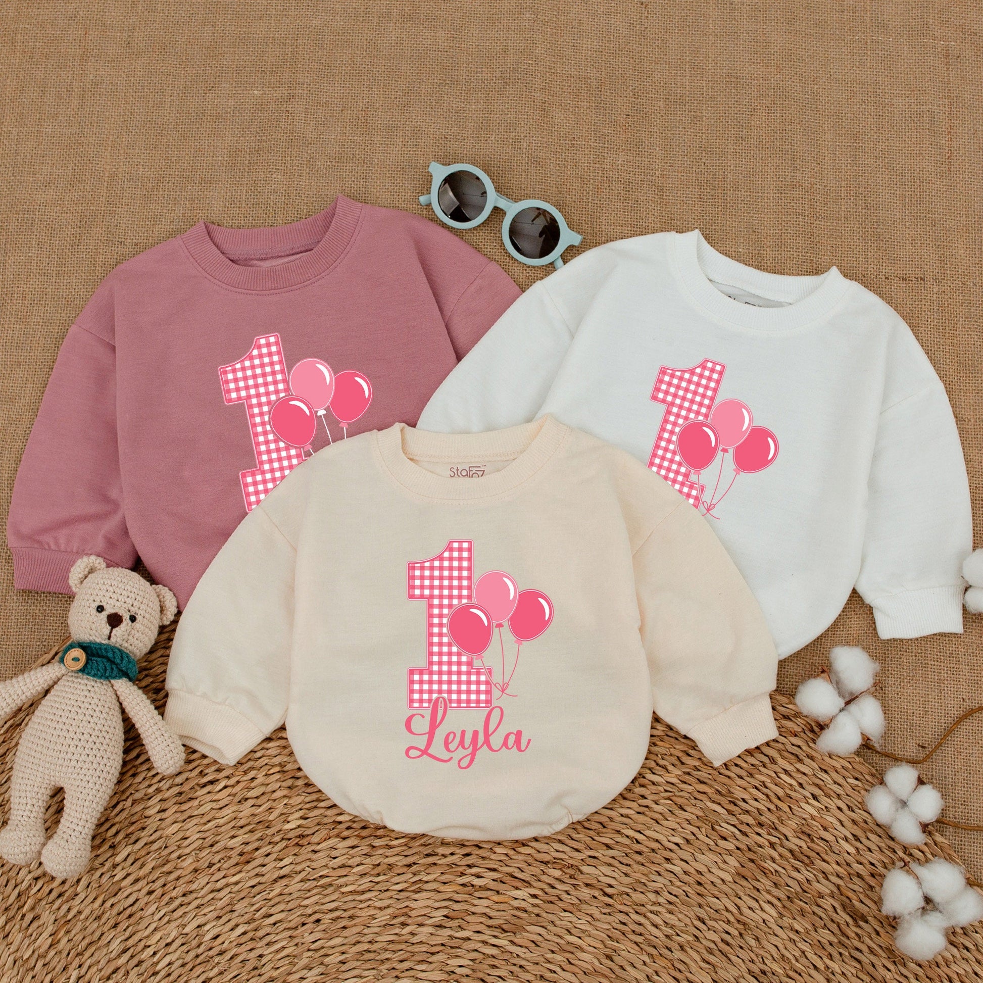 Personalized Pink Gingham 1st Birthday Romper for Baby Girl Leyla Name Balloon Smash Cake Outfit Bodysuit Cheerful Baby Shower Gift