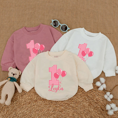 Personalized Pink Gingham 1st Birthday Romper for Baby Girl Leyla Name Balloon Smash Cake Outfit Bodysuit Cheerful Baby Shower Gift