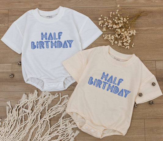 Half Birthday Boy Romper Light Blue Stylized Text 6 Months Baby Outfit Half Way To One Celebration Modern Geometric Design Soft Cotton Newborn Gift