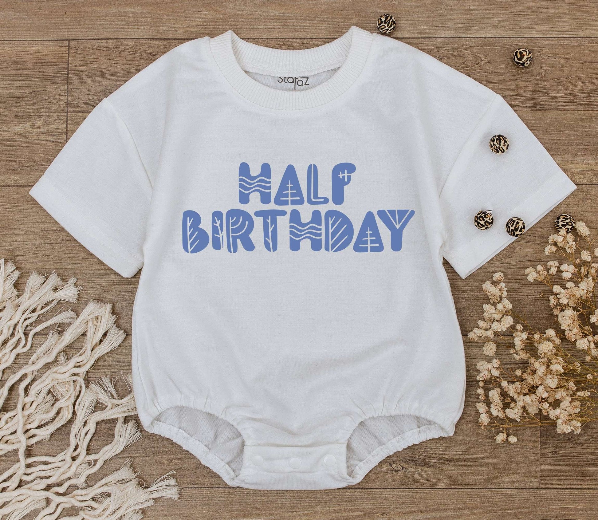 Half Birthday Boy Romper Light Blue Stylized Text 6 Months Baby Outfit Half Way To One Celebration Modern Geometric Design Soft Cotton Newborn Gift