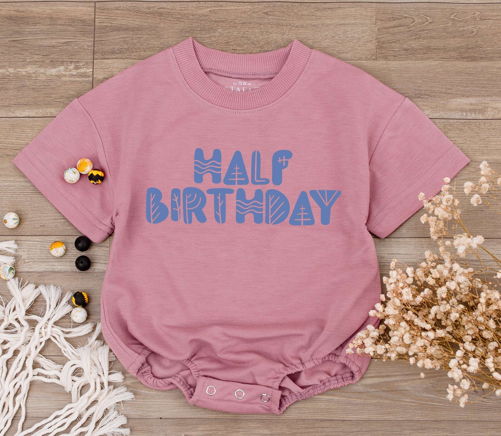 Half Birthday Boy Romper Light Blue Stylized Text 6 Months Baby Outfit Half Way To One Celebration Modern Geometric Design Soft Cotton Newborn Gift