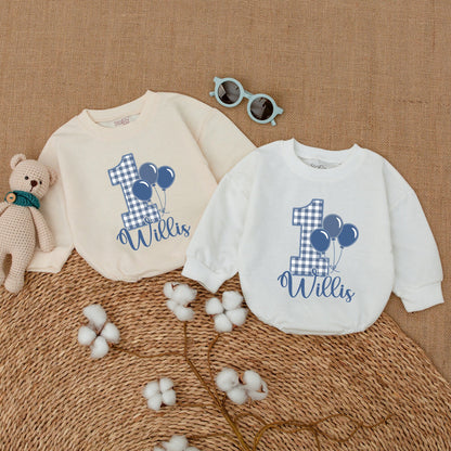 Personalized Blue Gingham Balloon Birthday Romper Baby Boy First Birthday Smash Cake Outfit Bodysuit Bubble Romper Baby Shower Gift