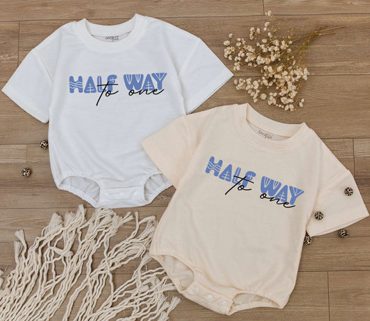 Cute Six Month Half Way to One Birthday Baby Romper Modern Geometric Light Blue Design Playful 1/2 Birthday Gift for Almost One Infant Celebration