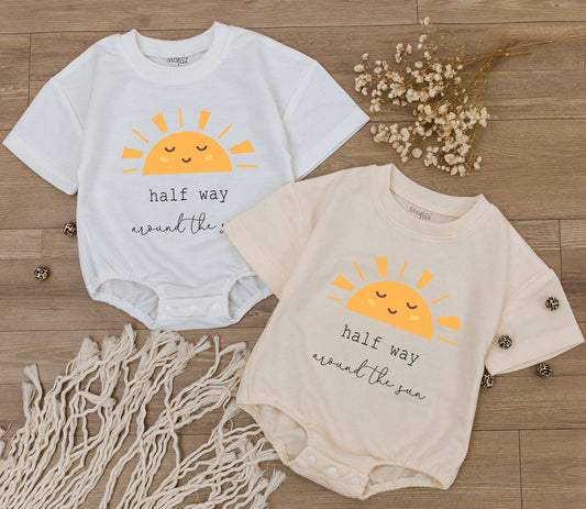 Baby Half Way Around The Sun Romper for 6 Month Birthday Celebration featuring a playful smiling sun graphic soft cotton natural gift outfit