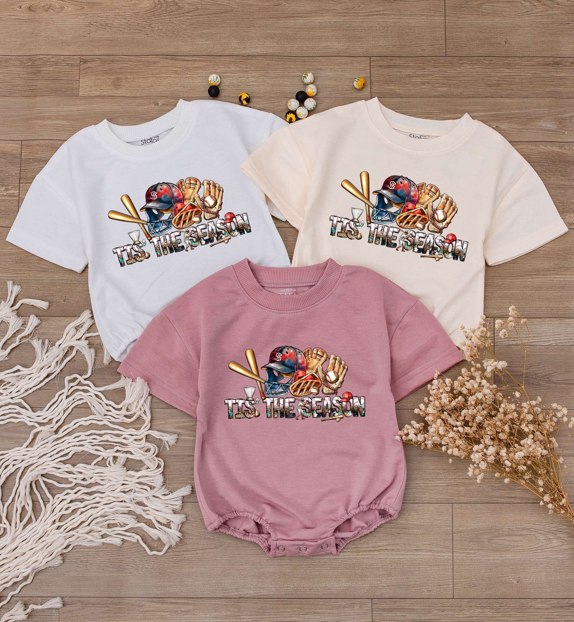 Tis The Season Baseball Baby Romper Short Sleeve Game Day Infant Bodysuit with Red Blue Gold Helmet Mitt Bat Cheetah Print Summer Fun