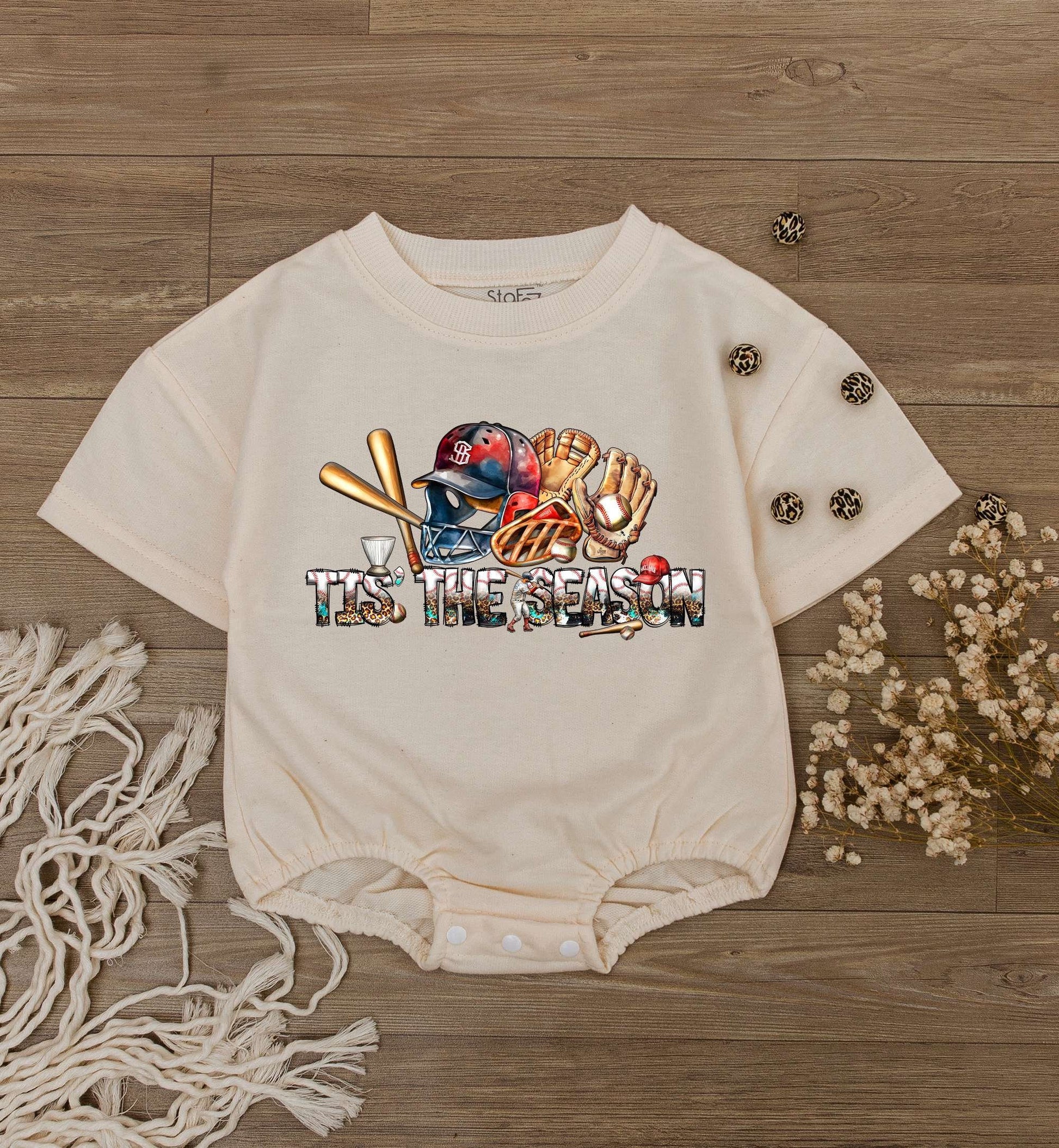 Tis The Season Baseball Baby Romper Short Sleeve Game Day Infant Bodysuit with Red Blue Gold Helmet Mitt Bat Cheetah Print Summer Fun