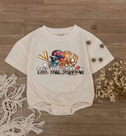 Tis The Season Baseball Baby Romper Short Sleeve Game Day Infant Bodysuit with Red Blue Gold Helmet Mitt Bat Cheetah Print Summer Fun