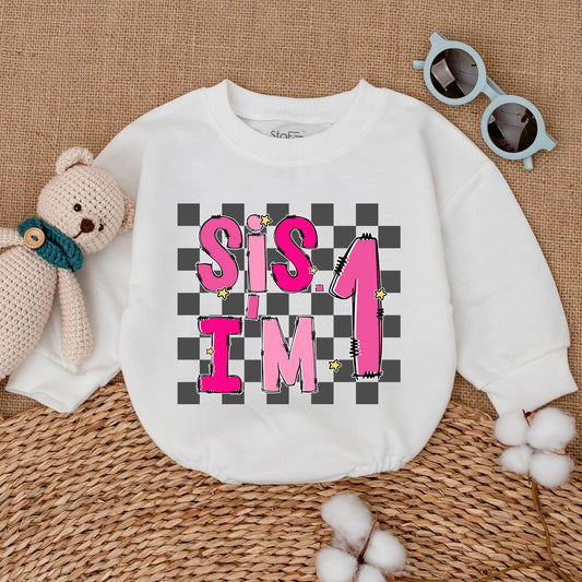 Sis I'm One Pink 1st Birthday Baby Girl Romper Cheerful Checkered Bodysuit Whimsical Newborn Bubble Outfit Smash Cake Shower Gift