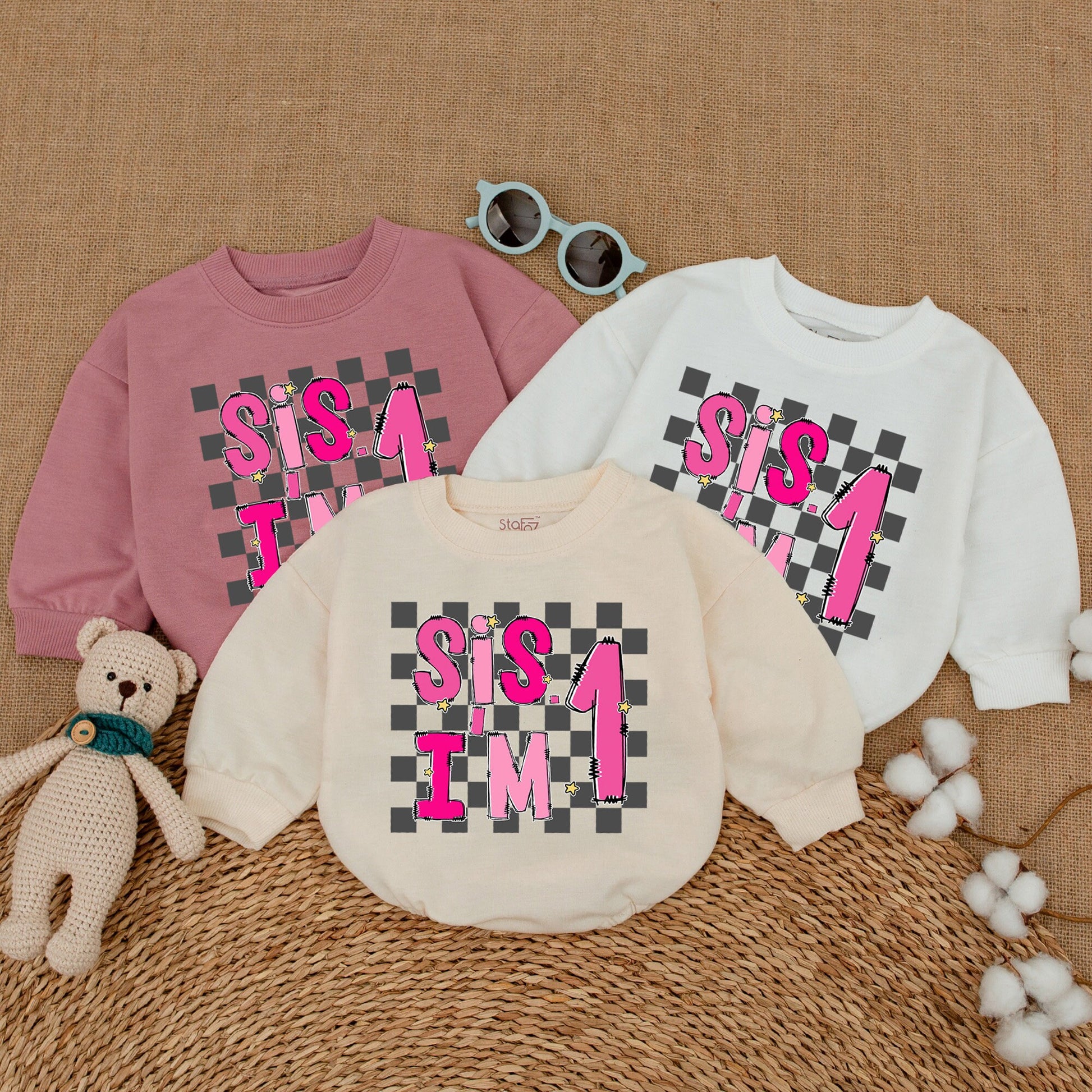 Sis I'm One Pink 1st Birthday Baby Girl Romper Cheerful Checkered Bodysuit Whimsical Newborn Bubble Outfit Smash Cake Shower Gift