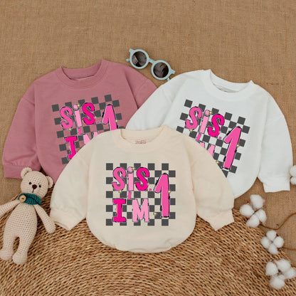 Sis I'm One Pink 1st Birthday Baby Girl Romper Cheerful Checkered Bodysuit Whimsical Newborn Bubble Outfit Smash Cake Shower Gift