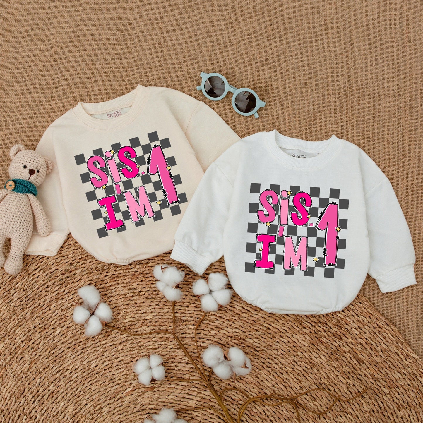 Sis I'm One Pink 1st Birthday Baby Girl Romper Cheerful Checkered Bodysuit Whimsical Newborn Bubble Outfit Smash Cake Shower Gift