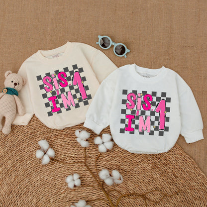 Sis I'm One Pink 1st Birthday Baby Girl Romper Cheerful Checkered Bodysuit Whimsical Newborn Bubble Outfit Smash Cake Shower Gift