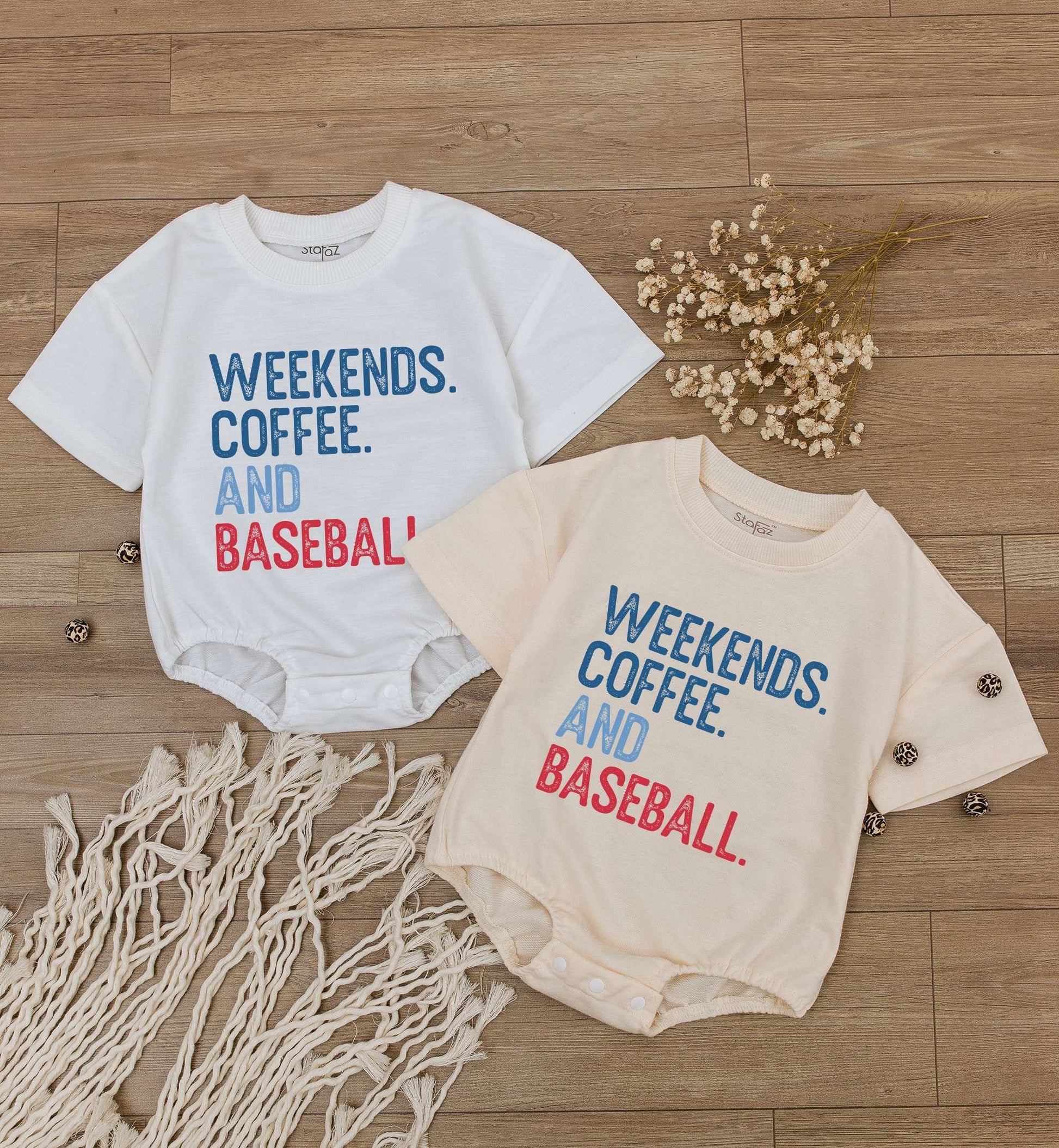 Weekends Coffee Baseball Baby Romper Short Sleeve Casual Infant Outfit with Blue Red Text Design for Toddler Boys Girls Game Day Season Soft Comfortable Tee