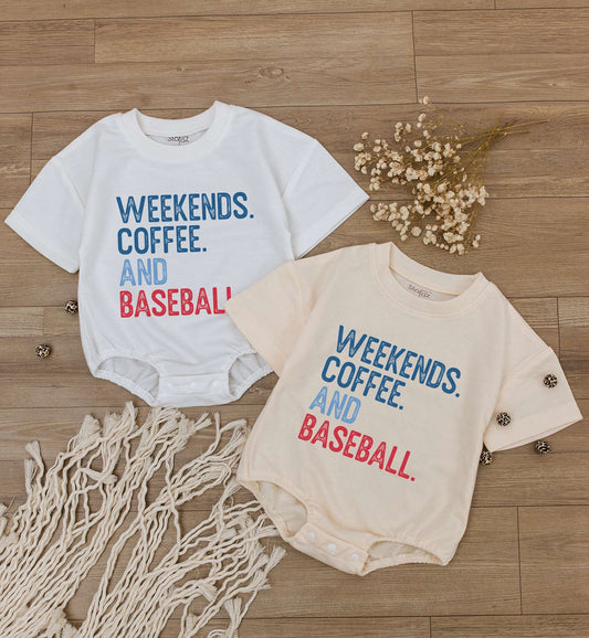 Weekends Coffee Baseball Baby Romper Short Sleeve Casual Infant Outfit with Blue Red Text Design for Toddler Boys Girls Game Day Season Soft Comfortable Tee