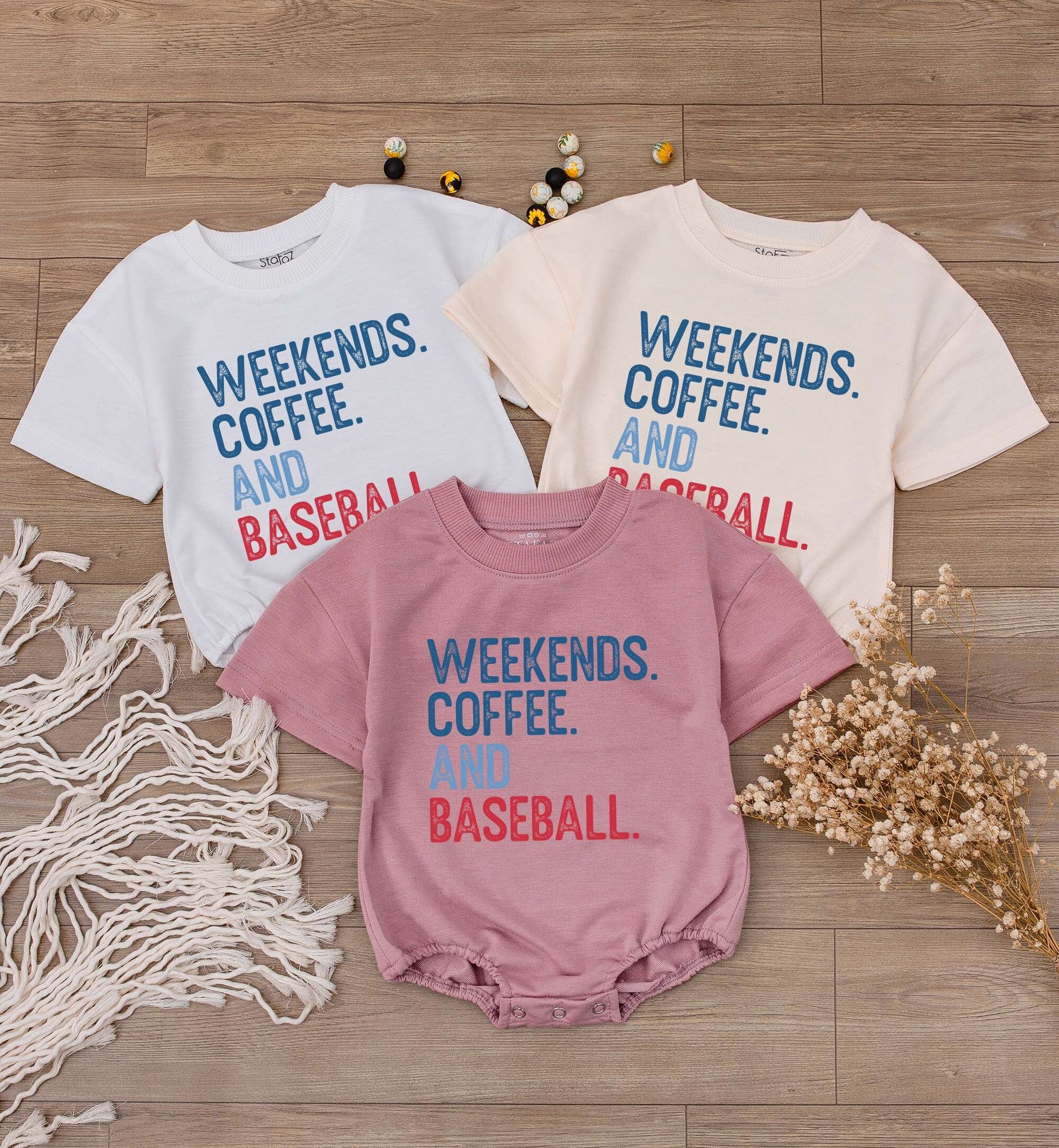 Weekends Coffee Baseball Baby Romper Short Sleeve Casual Infant Outfit with Blue Red Text Design for Toddler Boys Girls Game Day Season Soft Comfortable Tee