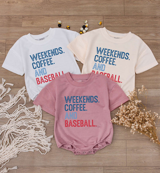 Weekends Coffee Baseball Baby Romper Short Sleeve Casual Infant Outfit with Blue Red Text Design for Toddler Boys Girls Game Day Season Soft Comfortable Tee