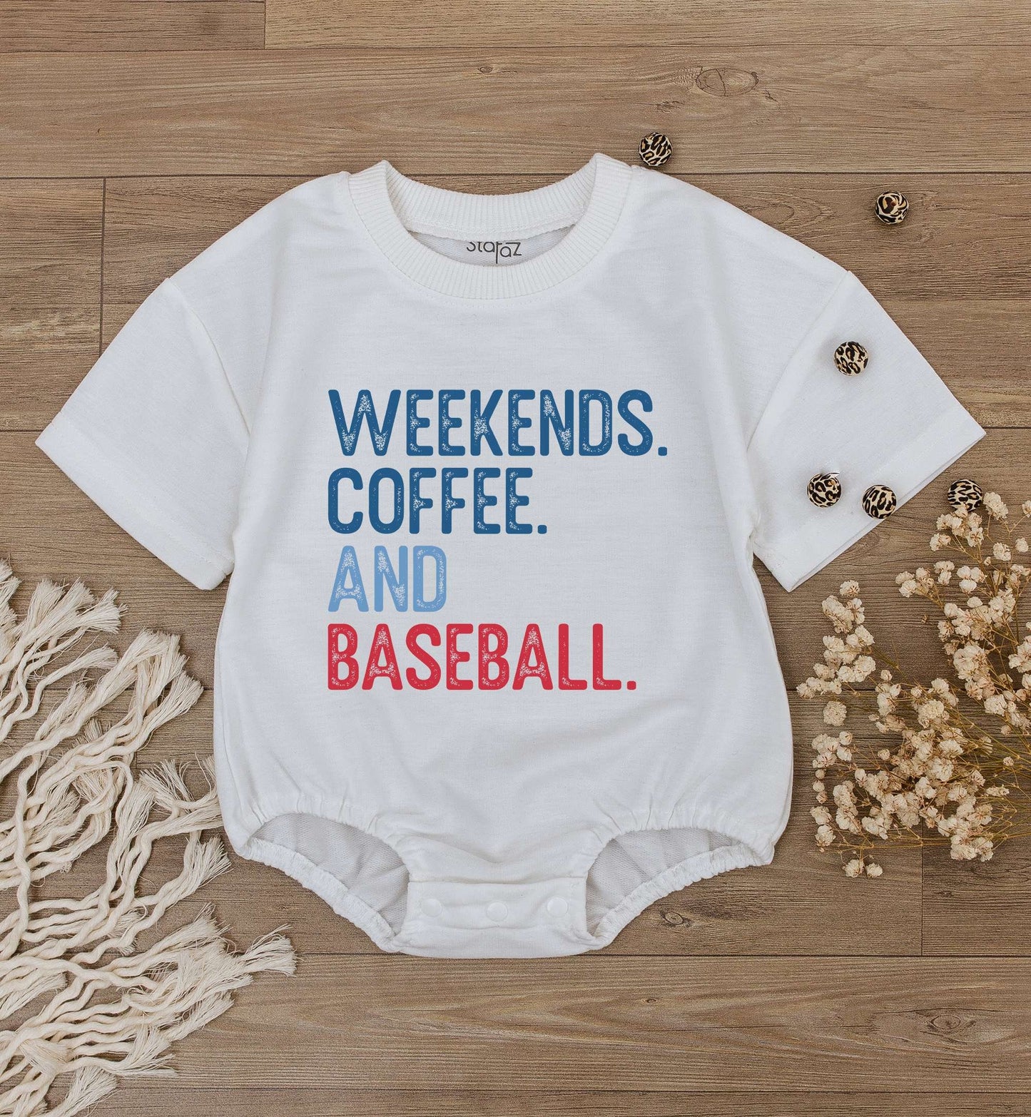 Weekends Coffee Baseball Baby Romper Short Sleeve Casual Infant Outfit with Blue Red Text Design for Toddler Boys Girls Game Day Season Soft Comfortable Tee