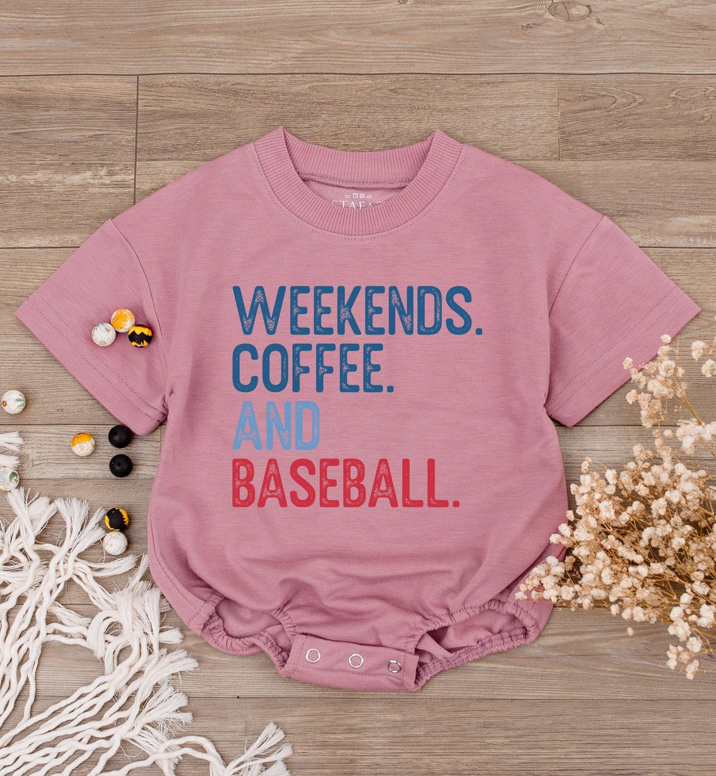 Weekends Coffee Baseball Baby Romper Short Sleeve Casual Infant Outfit with Blue Red Text Design for Toddler Boys Girls Game Day Season Soft Comfortable Tee