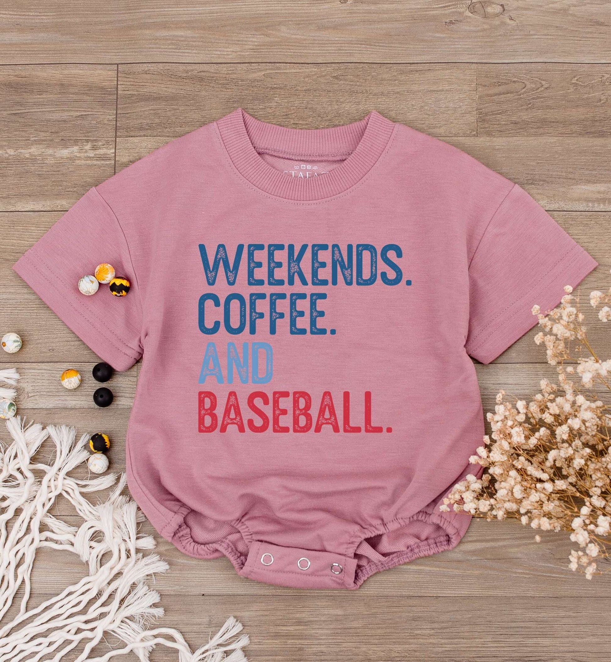 Weekends Coffee Baseball Baby Romper Short Sleeve Casual Infant Outfit with Blue Red Text Design for Toddler Boys Girls Game Day Season Soft Comfortable Tee