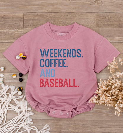 Weekends Coffee Baseball Baby Romper Short Sleeve Casual Infant Outfit with Blue Red Text Design for Toddler Boys Girls Game Day Season Soft Comfortable Tee
