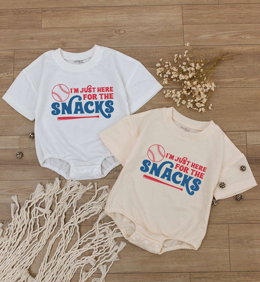 I'm Just Here For The Snacks Baseball Bubble Romper for Baby Toddler Game Day Outfit Red Blue Vintage Soft Cotton Short Sleeve Summer Bodysuit Gift