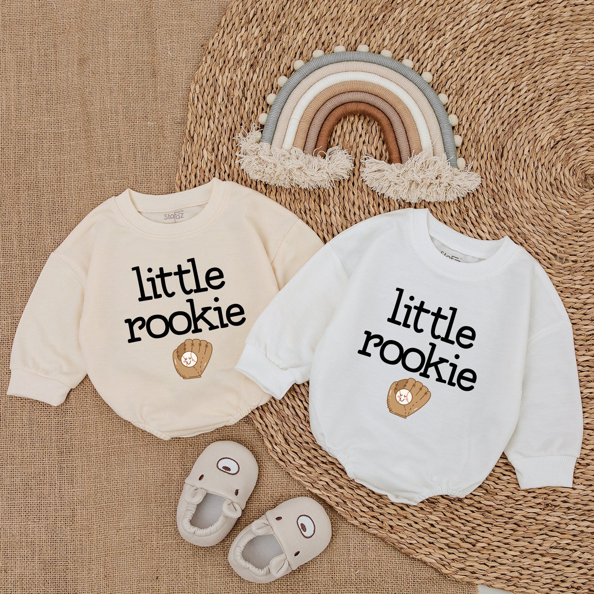 Cute Little Rookie Baseball Bubble Romper Baby Announcement Bodysuit Gift with Smiling Ball Glove Print for Game Day First Father's Day New Dad