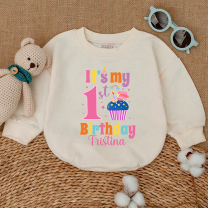 Personalized First Birthday Baby Girl Bubble Romper Sweet Cupcake Design Smash Cake Outfit Summer Celebration Comfortable Gift
